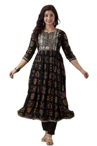PICHAWAI Women's Viscose Rayon Solid Printed Kurta, Pant and Dupatta Set AN - L