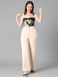 KOTTY Women's High Rise Cotton Blend Relaxed Fit Trousers AN - 34