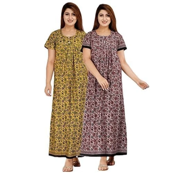 NEGLIGEE Nighty for Women Cotton Printed Maxi Gown Ankle Length Nighty Night Dress Gown for Women Maxi - Free Size (Pack of 2) An - Free Size