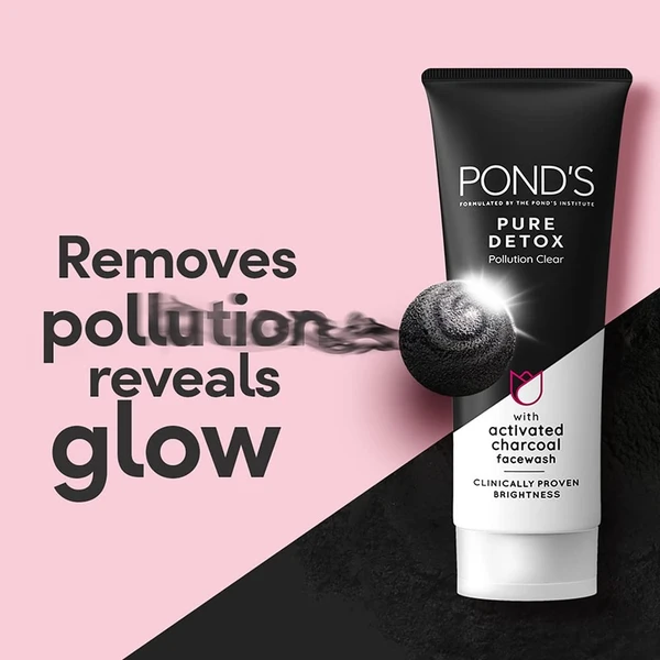 POND'S Pure Detox, Facewash, 100G, For Fresh, Glowing Skin, With Activated Charcoal, Daily Exfoliating & Brightening Cleanser, Pollution Clear Face Wash An