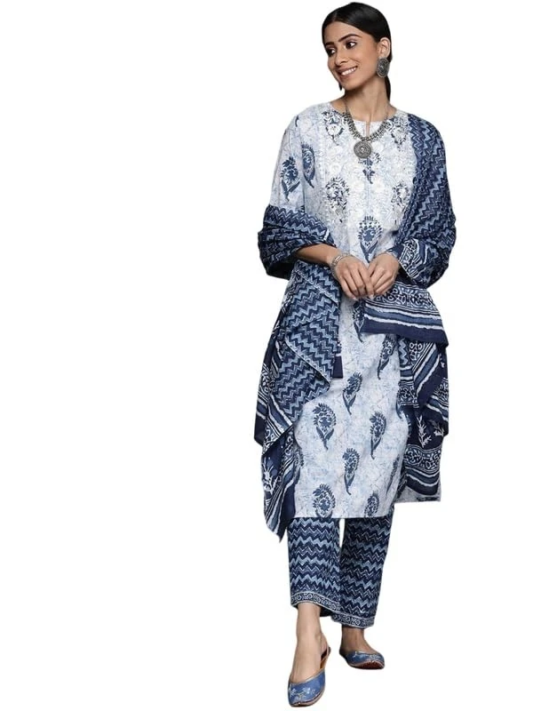 VASTRANIKHAR Women's Viscose Rayon Floral Print 3/4 Sleeve Kurta Pant Set with Dupatta AN - L