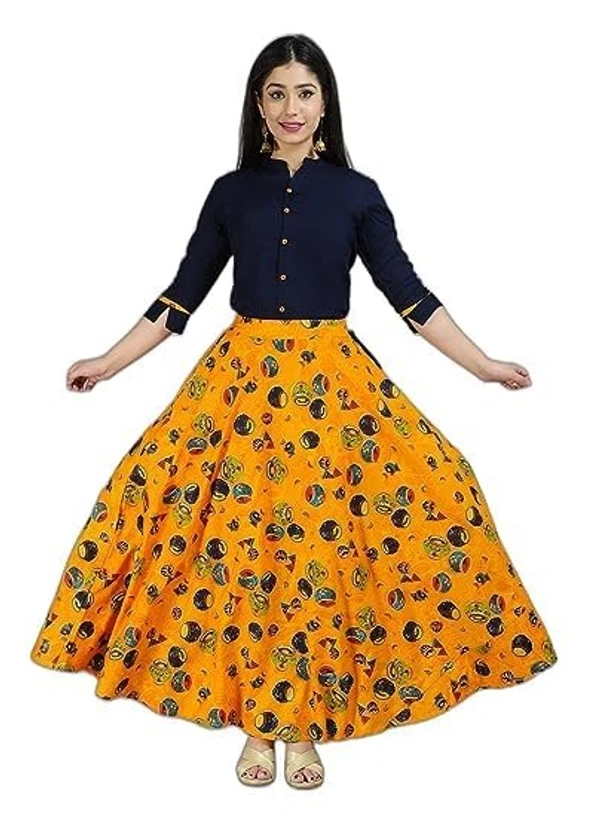 ALASHA Women's Rayon Yellow Skirt Top Blue Set Ready to Wear Rayon Blend Solid Topskirt An - L