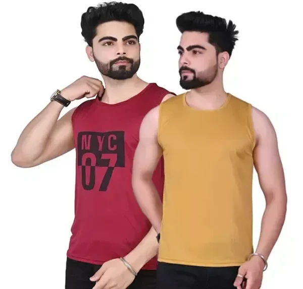 Men Plain Casual Sleeveless Tank T-shirt || Solid Plain Casual Nylon Round Neck Tshirt for Men Sleeveless Half Sleeve Full Sleeve || (Pack Of 2) Mo  - M