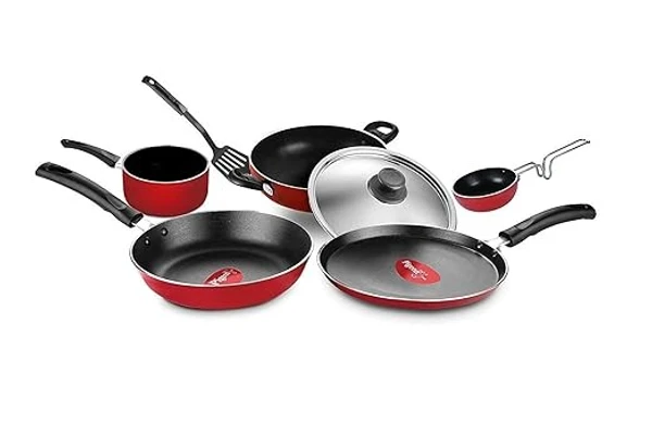 Pigeon by Stoverkraft Non-Stick Cookware Set of 7 Pc w/o Induction Base Includes Nonstick Tawa 23cm, Nonstick Fry Pan 24cm, Nonstick Kadhai with Stainless Steel Lid 24cm, Nonstick Sauce Red, Standard An