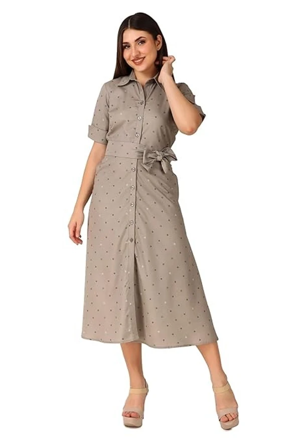 Seryeon® Women's Pure Cotton Printed Shirt Dress| Collared Neck Half Sleeves Slash Pockets Self Tie Belt Midi Length Western Dress An - L