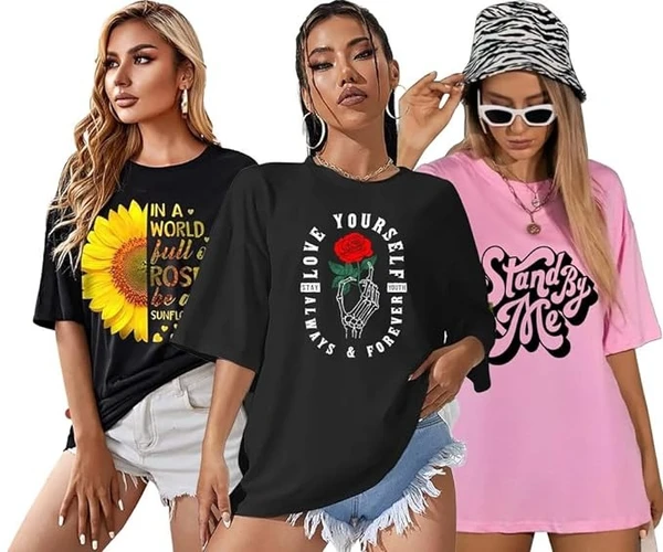 London Hills Women Printed Round Neck Oversized T-Shirt | Loose Fit Drop Shoulder T-Shirt Pack of 3 An - M