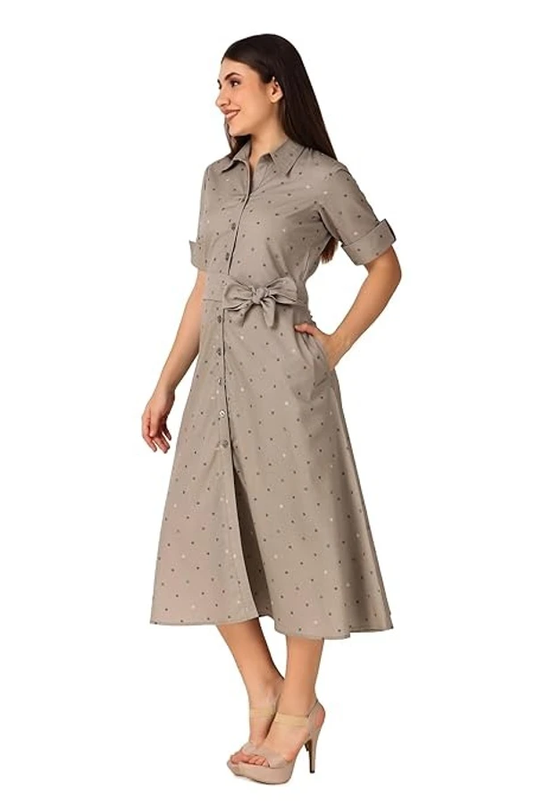 Seryeon® Women's Pure Cotton Printed Shirt Dress| Collared Neck Half Sleeves Slash Pockets Self Tie Belt Midi Length Western Dress An - L