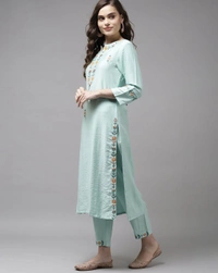 INDO ERA Women's Embroidered Straight Kurta With Pant & Dupatta Set AN - S