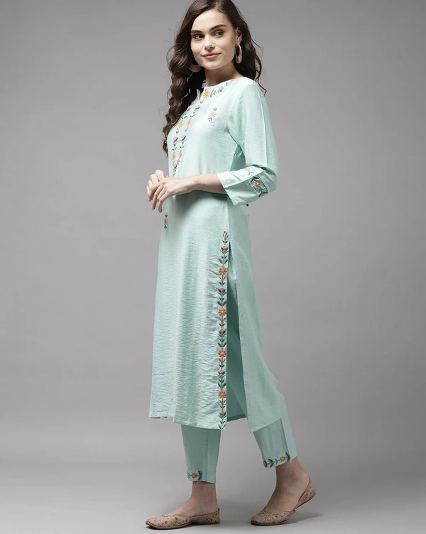 INDO ERA Women's Embroidered Straight Kurta With Pant & Dupatta Set AN - M