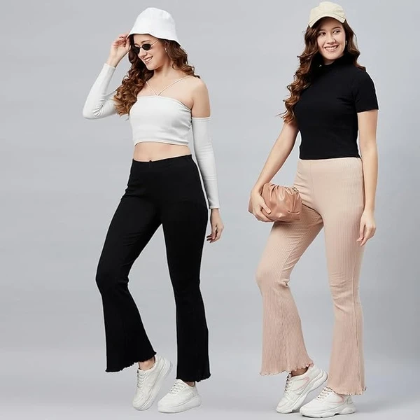 BLINKIN Ribbed Stretchable Flared Pants for Women | Boot Cut Bell Bottom Pants for Women - Ideal for Yoga & Gym Wear,Casual Wear & Office Wear Trousers for Women An - M