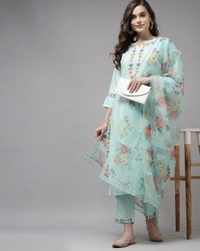 INDO ERA Women's Embroidered Straight Kurta With Pant & Dupatta Set AN - S