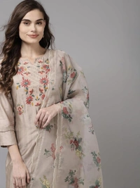 INDO ERA Women's Embroidered Straight Kurta With Pant & Dupatta Set AM - XL