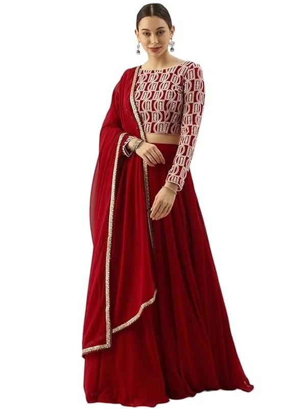 Zeel Clothing Women's Chikankari Sequins Embroidered Georgette Lehenga Choli with Dupatta (5050-Red-Wedding-Girlish-Latest; Free Size) An - Free Size