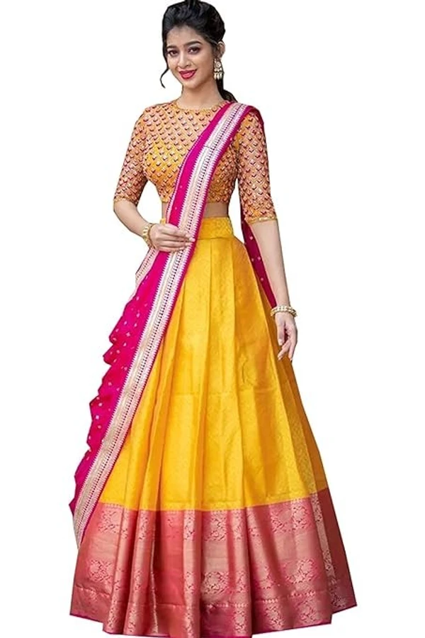 NECWA Women's Traditional Silk Lehegna Choli With Heavy Designer Embroidery Work Blouse Piece And Dupatta Voni Half Saree | Yellow Pink An