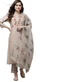 INDO ERA Women's Embroidered Straight Kurta With Pant & Dupatta Set AM - XL