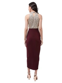 Miss Chase Women's Wine Halter Neck Sleeveless Solid Embellished Midi Dress An - L