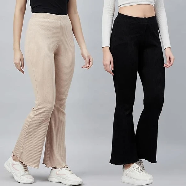 BLINKIN Ribbed Stretchable Flared Pants for Women | Boot Cut Bell Bottom Pants for Women - Ideal for Yoga & Gym Wear,Casual Wear & Office Wear Trousers for Women An - L