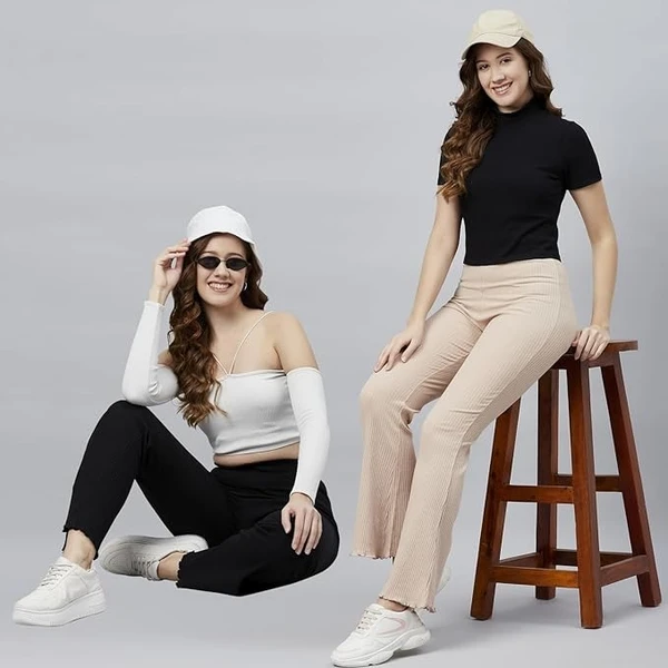 BLINKIN Ribbed Stretchable Flared Pants for Women | Boot Cut Bell Bottom Pants for Women - Ideal for Yoga & Gym Wear,Casual Wear & Office Wear Trousers for Women An - M