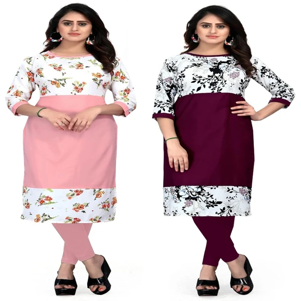 MS VHCK ENTERPRISE Women's for Stylish Latest Prined Crepe A-line Kurti Kurtis Kurta AN - L