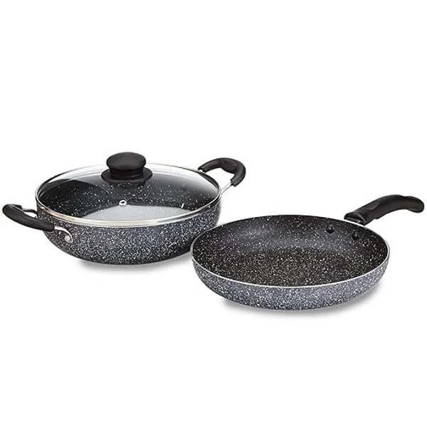  Solimo Aluminium 3 Piece Non-Stick Cookware Set|Granite Finish|Induction Base|Pfoa Free|High Temperature Resistant Exterior Coating|22 Cm Fry Pan,22 Cm Kadai,1 Glass Lid|Grey