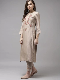 INDO ERA Women's Embroidered Straight Kurta With Pant & Dupatta Set AM - XL