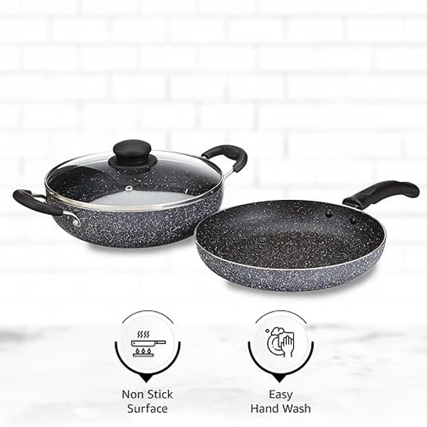  Solimo Aluminium 3 Piece Non-Stick Cookware Set|Granite Finish|Induction Base|Pfoa Free|High Temperature Resistant Exterior Coating|22 Cm Fry Pan,22 Cm Kadai,1 Glass Lid|Grey