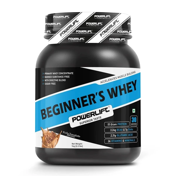 PowerLift Beginner's Whey Protein [1kg, Rich Chocolate] Sugar Free, Improved Strength, Faster Recovery & Muscle Building, High Protein & BCAA |with Digestive Enzymes, Vitamin & Minerals An - 1Kg