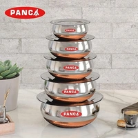 PANCA Stainless Steel Copper Bottom Handi, Cooking Serving Bowl, Cookware Set of 5 Pieces with lid Size: 1.600 L, 1.200 L, 0.850 L, 0.650 L, 0.400 L (Copper, Stainless Steel, Non-Stick) An