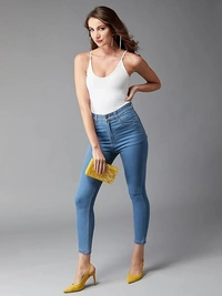 Dolce Crudo Women's Skinny High Rise Ice Wash Clean Look Cropped Solid Stretchable Denim Jeans An - 34