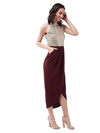 Miss Chase Women's Wine Halter Neck Sleeveless Solid Embellished Midi Dress An - L