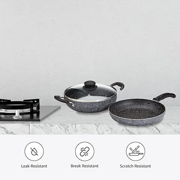  Solimo Aluminium 3 Piece Non-Stick Cookware Set|Granite Finish|Induction Base|Pfoa Free|High Temperature Resistant Exterior Coating|22 Cm Fry Pan,22 Cm Kadai,1 Glass Lid|Grey