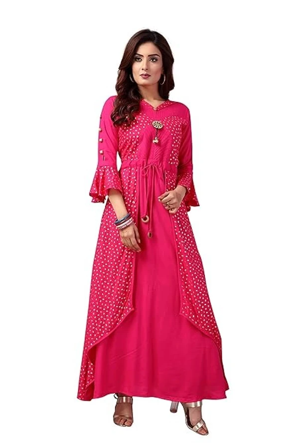 madhuram textiles Foil Printed Rayon Double Layered & Tiered Ethnic with 3/4 Sleeve Length Kurta for Women's All Occasions An - L