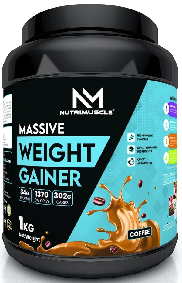 Nutrimuscle Massive Weight Gainer - 1kg - COFFEE Flavour For Weight & Mass Gain, Contains Complex Carbohydrates, Bcaa, Digestive Enzymes & Essential Vitamins & Minerals An - 1Kg