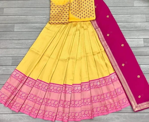 NECWA Women's Traditional Silk Lehegna Choli With Heavy Designer Embroidery Work Blouse Piece And Dupatta Voni Half Saree | Yellow Pink An