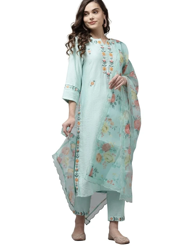 INDO ERA Women's Embroidered Straight Kurta With Pant & Dupatta Set AN - L