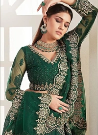 Bollyclues Women's Net Embroidered Semi-Stitched Lehenga Choli(2-Ton_Green_Free Size) An - Semi-stitched