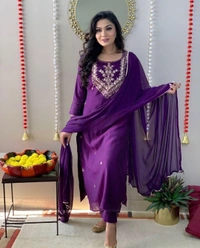Naixa Women's Wine Slub Rayon Embroidered Worked Straight Kurta with Pant and Dupatta Set AN - L