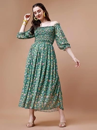 kanthir Women's Printed Georgette Square Neck 3/4 Sleeve Maxi Ethinic Wear Long Gown Dress (K_E_101015) An - L