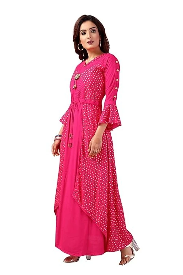 madhuram textiles Foil Printed Rayon Double Layered & Tiered Ethnic with 3/4 Sleeve Length Kurta for Women's All Occasions An - L