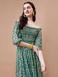 kanthir Women's Printed Georgette Square Neck 3/4 Sleeve Maxi Ethinic Wear Long Gown Dress (K_E_101015) An - L