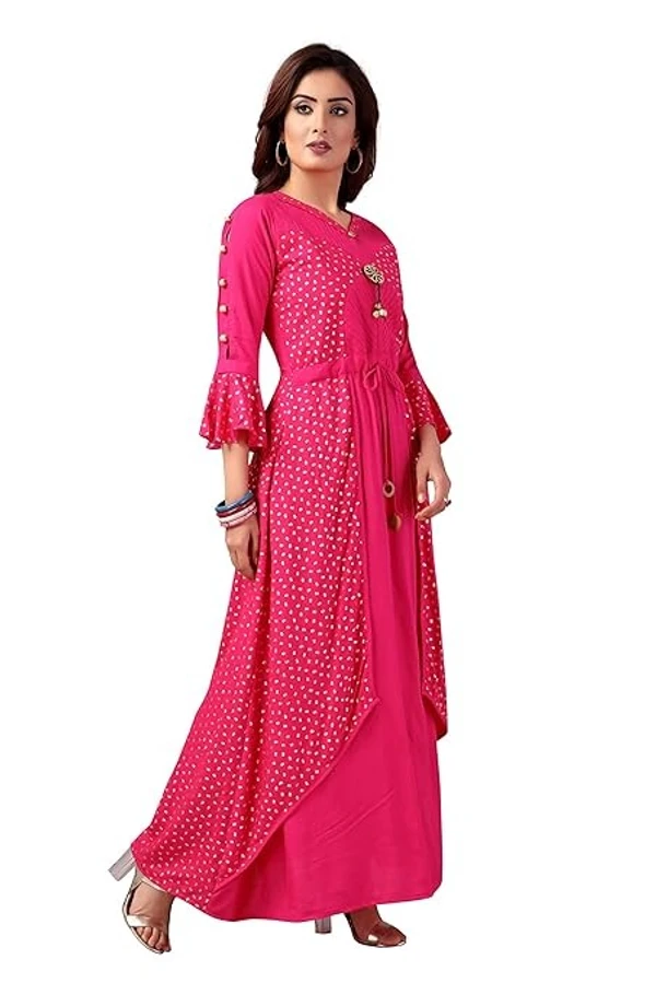 madhuram textiles Foil Printed Rayon Double Layered & Tiered Ethnic with 3/4 Sleeve Length Kurta for Women's All Occasions An - XL