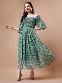 kanthir Women's Printed Georgette Square Neck 3/4 Sleeve Maxi Ethinic Wear Long Gown Dress (K_E_101015) An - L