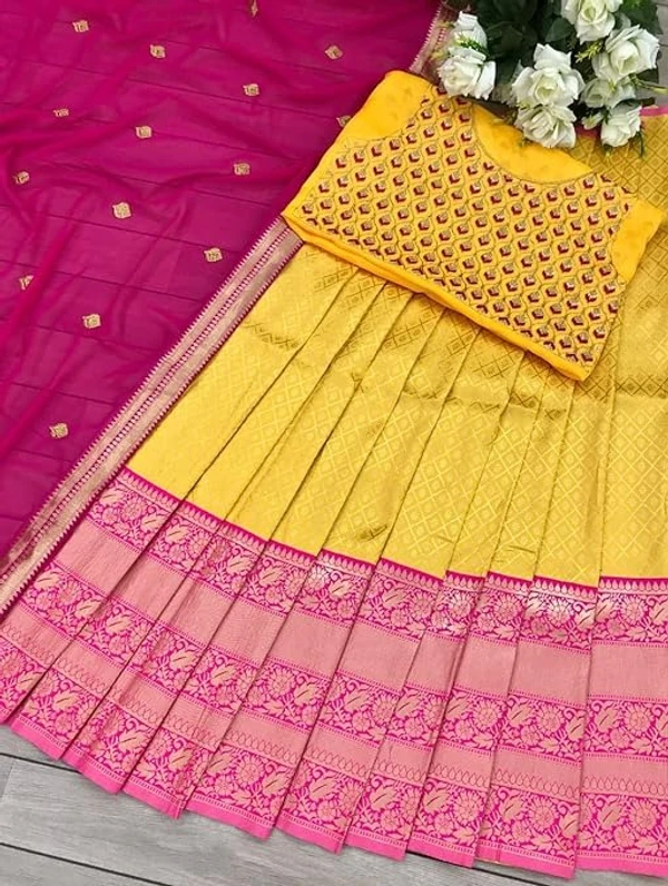 NECWA Women's Traditional Silk Lehegna Choli With Heavy Designer Embroidery Work Blouse Piece And Dupatta Voni Half Saree | Yellow Pink An