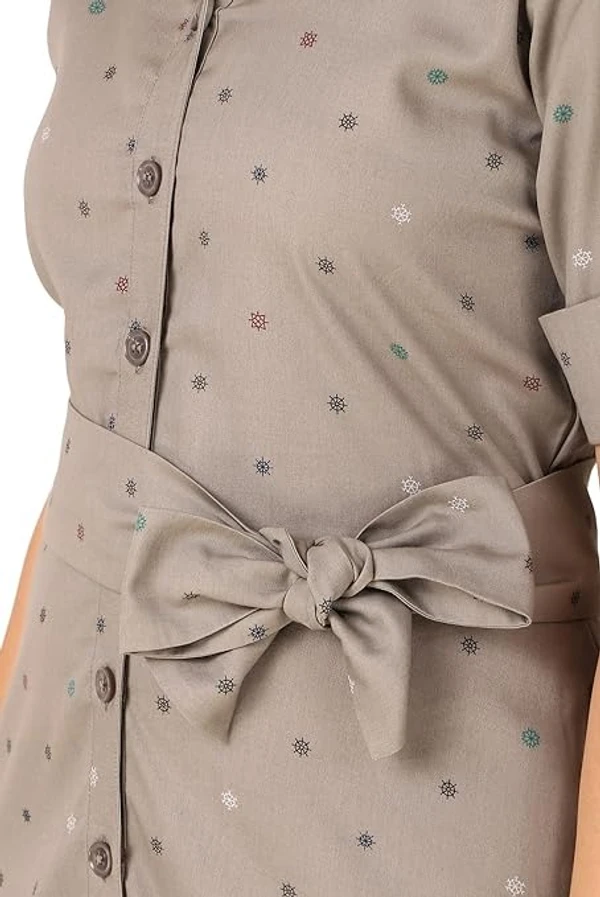 Seryeon® Women's Pure Cotton Printed Shirt Dress| Collared Neck Half Sleeves Slash Pockets Self Tie Belt Midi Length Western Dress An - M