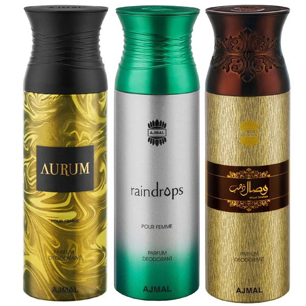 Ajmal Aurum & Raindrops & Wisal Dahab Deodorant Spray - For Men & Women (200 ml, Pack of 3) An