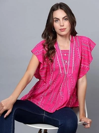 BluGrass: Indo-Western Top-Tunics with Stylish Flutter/Flared Sleeve/Butterfly Sleeve An - M