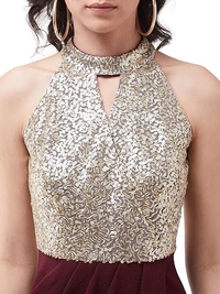 Miss Chase Women's Wine Halter Neck Sleeveless Solid Embellished Midi Dress An - L
