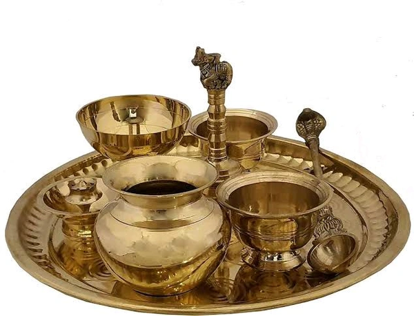 HOLYMONT99 Pure Brass Puja Bhog Thali Set Pack Of 8 - Medium