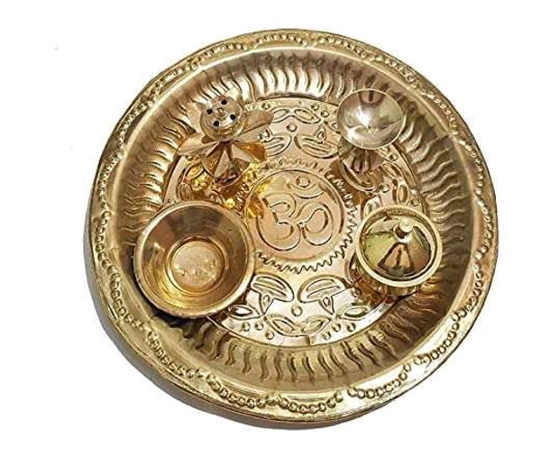 HOLYMONT99 Pure Brass Puja Thali 5 Piece Set All Size Available  - Large