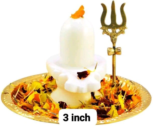 HOLYMONT99 Pure White Marble Shivling Pure Brass Thali & Trishul Combo Pack All Size Available  - Small